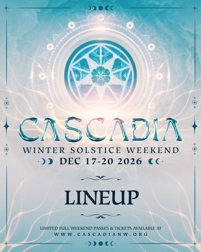 Poster for Cascadia Winter Solstice Weekend, December 17 to 20, 2026, with a luminous mandala over cloud and the web address cascadianw.org